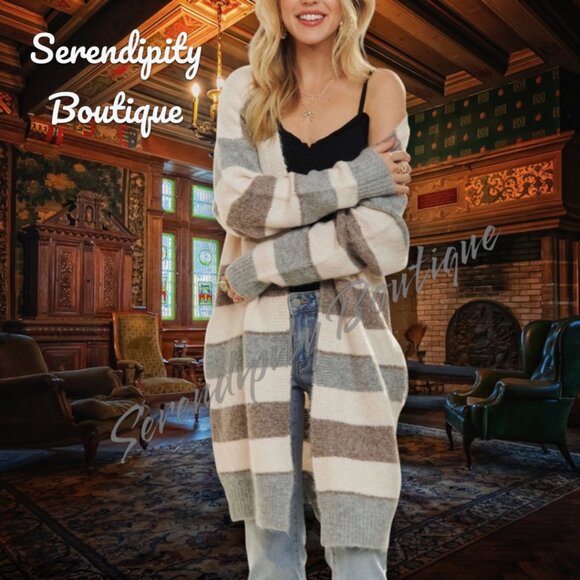 So Soft Snuggle Light Weight Long Duster Stripped Open Front Cardigan Duster - Picture 4 of 9